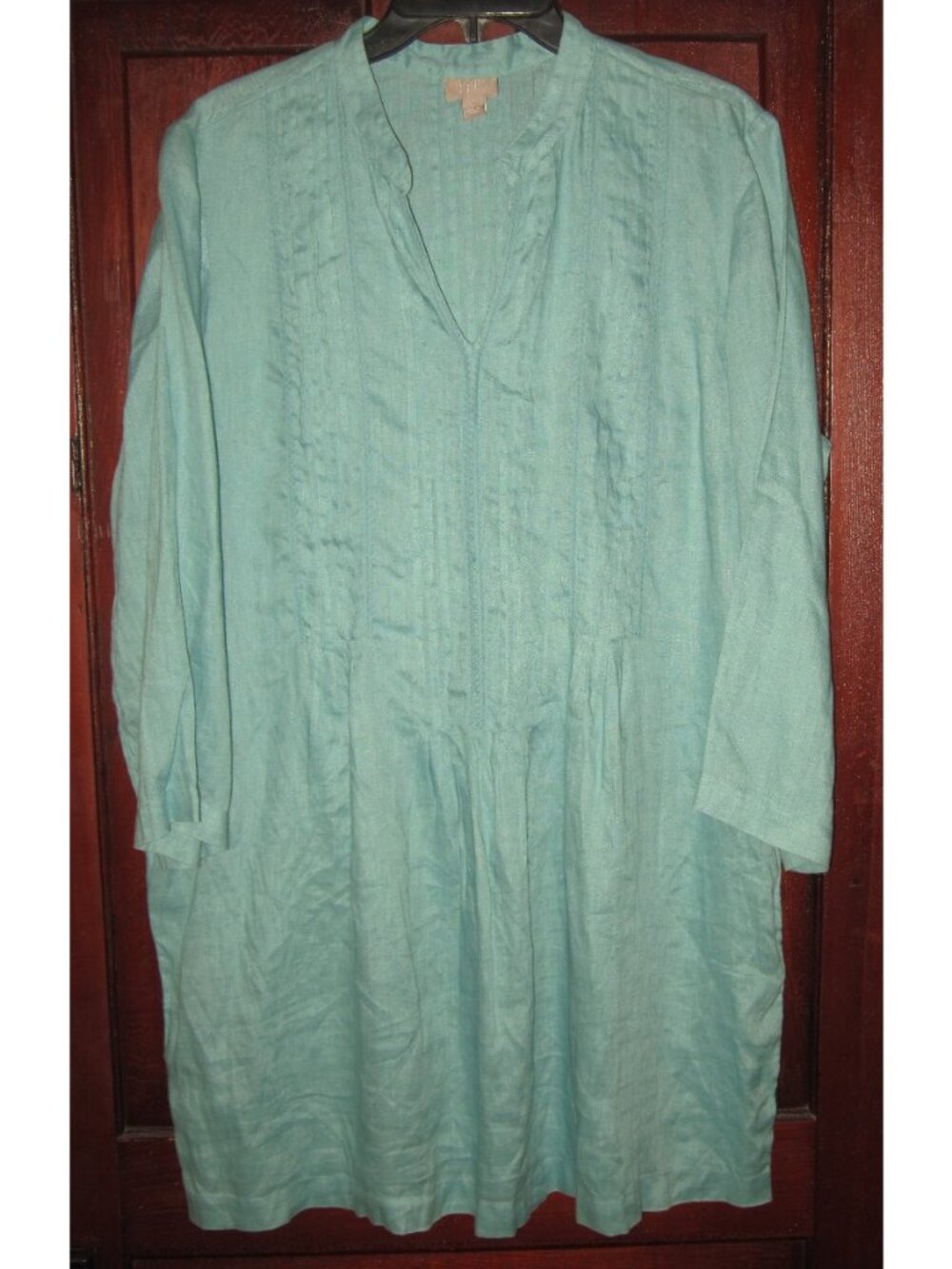 J. Jill L 100% Linen Tunic Top Blouse Shirt Teal Popover Pintuck Long 3/4 Sleeve